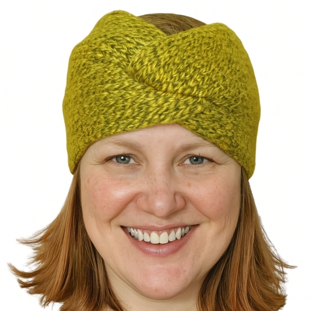 Hand Knit Twisted Golden  Yellow And Grey Headband Size Youth/Sm Adult